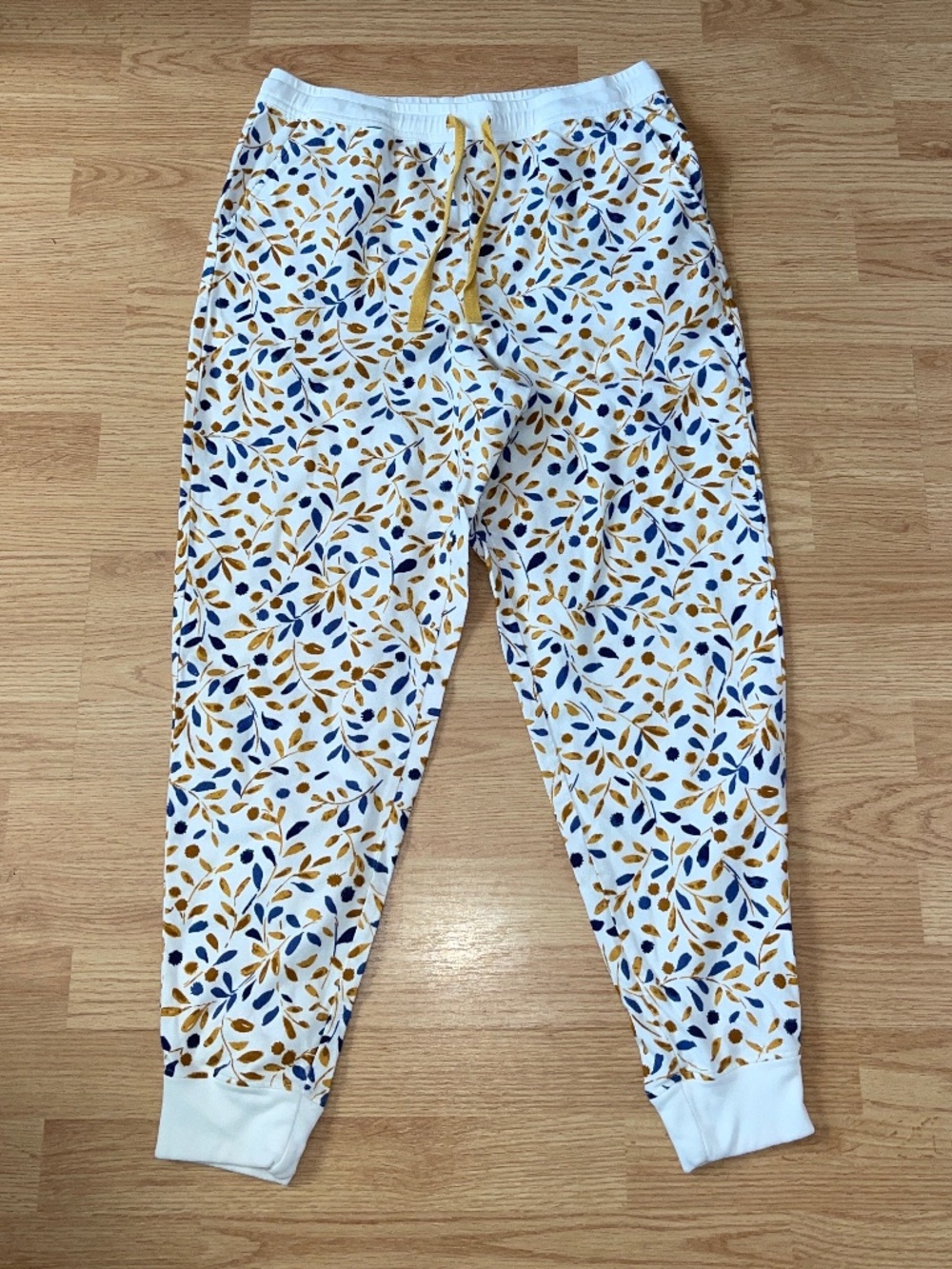 Garnet Hill 100% Organic Pima Cotton White Blue Gold Jogger Lounge Pajama Pants